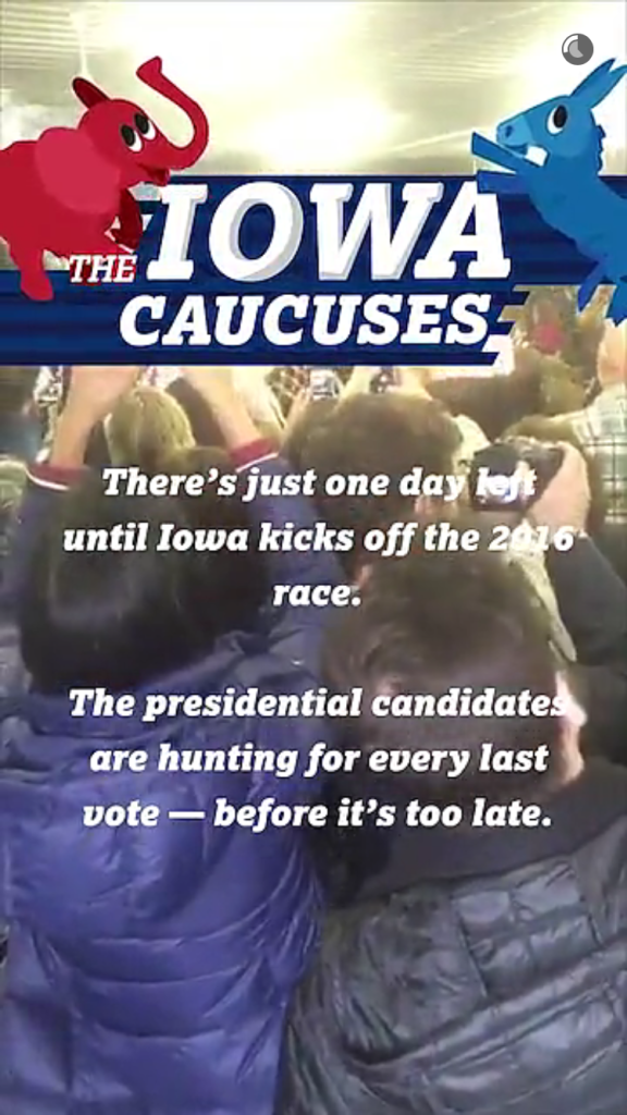 This is part of Snapchat's Iowa Caucus Eve Live Story. Usually Iowa has a local Live Story, but with the caucus on February 1st, this story can be seen worldwide. 